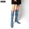 Boots Denim Knee High Boots Femme Design Square Toe Toe Ladies High Heels Fashion 2023 New Western Slip on Female Chaussures Vintage Robe chic J230811