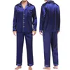 Мужская снаряда для сна повседневная пижама с длинным рукавом кнопка кнопки шелк Silk Satine Двух частей брюки пижама
