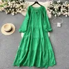 Casual Dresses Summer Skinny Ladies Sales Long Puff Sleeve Soild O-neck Hollow-out Vestidos French Retro Dress For Women Drop