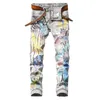 Jeans masculin 2023 colored peint mode imprimé pantalon étiré denim slim pantalon droit quatre saisons pour hommes
