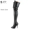 12 cm pour hommes et femmes s'habillent de grandes bottes avec des orteils pointus et des talons fins, des bottes longues avec des talons minces sur le genou, des jambes minces élastiques, de longues bottes 3646 230811