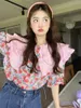 Women's Blouses Shirts Gaganight Women Sweet Double Layer Doll Neck Short Sleeve Fragmented Print Blouse Women's Summer Fashionable Loose Pink Top 230810