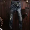 Jeans masculinos estilo italiano moda homens retro azul elástico fino ajuste rasgado calças vintage casual designer denim calças hombre 230810