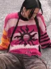女性のセーター2023秋のカジュアルホールストライプパッチワークプルオーバーファッション女性Oネック長袖ニットウェアトップスローズレッド