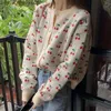 Kvinnors tröjor japansk stil tröja med kvinnor 2023 Autumn Cherry Print Sticked Cardigan Women's Retro Single Chest Loose Cardigan Z230811