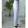 Erkek takım elbise bahar seerucker yüksek bel düz pantolon İngiliz küçük burjuvazisi mavi şerit İtalyan gündelik pantolonlar erkek pantalones hombre