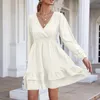 Basic Casual Dresses Women's Spring And Autumn Pink A Line Chiffon Fashion Dresses V Neck Waist Ruffle Woman Hedging Lantern Long Sleeve Dresses 230810