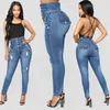 Jeans rasgados azuis Mulheres da primavera Autumn Autumn vintage Multi Button Canda alta jeans Skinny Ladies Sexy Push Up Slim Denim Calça