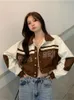 Womens Jackets Qweek Y2K Vintage Pu Leather Varsity Jacka Women Korean Style Brodery Croped Baseball Uniform Overized Patchwork Kpop 230810