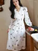 Casual Dresses Women Flowers Print White Chiffon Dress Chic Puff Sleeve V-Neck Midi 2023 Korean Spring Elegant Beach Party