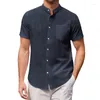 メンズカジュアルシャツレトロデザイナーシャツ固体半袖黒いルーズスタンディングネックコットンリネン