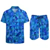 Suits-survêtement masculins Géométrie bleu sets hommes abstraits Art Imprimé shorts décontractés Summer Hawaii Fitness Outdoor Shirt Set à manches courtes surdimensionnées