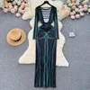 Casual Dresses Young Gee European American Personality Print Round Neck Long Sleeve Green Dress Women Tight Slim Wrapped Hip Open Back