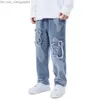 Men's Jeans Y2K Men's Jeans European and American Street Bike Denim Cross Embroidered Hip Hop Straight Loose Leg Pants Z230814