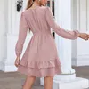 기본 캐주얼 드레스 여자 봄과 가을 분홍색 라인 쉬폰 패션 드레스 v 넥 허리 프러플 여자 랜턴 긴 소매 드레스 230810