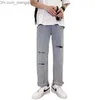 Calça masculina novo jeans de verão com buracos Moda masculina High Street Brown Girl Logo Confirt Garra