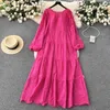 Casual Dresses Summer Skinny Ladies Sales Long Puff Sleeve Soild O-neck Hollow-out Vestidos French Retro Dress For Women Drop