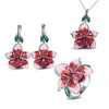 Halsbandörhängen Set kvinnor mode smycken elegant rosa persika blommor lotus handgjorda emaljkristallring