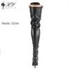 12 cm pour hommes et femmes s'habillent de grandes bottes avec des orteils pointus et des talons fins, des bottes longues avec des talons minces sur le genou, des jambes minces élastiques, de longues bottes 3646 230811