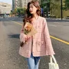 Jackets femininos Tweed de lã xadrez rosa Jaqueta Mulher Mulher Vintage O-Gobes Único Bedido de Bedido de Bedido Doce Casa Coreana Top Streetwear 230811
