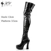 13cm Mirror Lacquer Leather Thick Heel Over Knee Boots Super High Heel Thick Sole Stage Performance Sexy Ribbon Over Knee Boots Children 230811