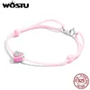 anklets wostu pure 925 Sterling Silver Pink Heart Rope Ankle 22.5cm調整可能なサイズ女性用夏のジュエリーFIT022 230810のための光沢のあるCZロープチェーン