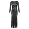 Casual Dresses Sheer Mesh Hollow Women Maxi Bodycon Dress Sensuell Sexig fullärmad mager svart Vestidos flickor nattklubb kväll