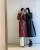 تصميم جديد للأزياء الكورية للسيدات تراجع عن طوق Midi مع حزام حزام Pu Leather Trench Coat Abrigos