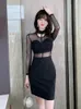 Casual Dresses Women Mini Dress Y2K Chic Sexy Black Sheer See Through Mesh Halterneck Hollow Tube-tops Bodycon Mujer Outfit Club Party