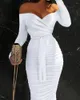 Casual Dresses Women Off Shoulder Tied Detail Ruched Bodycon Dress Autumn Strap Folds Solid Slim Pets Up High midje knälängd full ärm