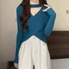 Women's T Shirts Autumn Winter Sexy Cross Neck Knitted Sweater Long Sleeve Tops Y2k Top Crop Women