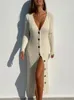 カジュアルドレスホワイトニットセータードレス女性秋の長袖シングル胸女性エレガントなファッションvネックボディコン