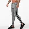 Mens Jogger Pants Grey Plaid Chinos Skinny Pants for Men Side Stripe Stretchy Fitting Athletic Body Building245F