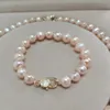 Necklace Earrings Set Hand Knotted 9-10mm Pink Freshwater Pearl 45cm Bracelet 19cm Zircon Micro Inlay Clasp Fashion Jewelry