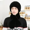 Berets Men's Real Rex Fur Hat Scarf Sets Winter Warm Beanie Cap Headwear Black Dark Grey