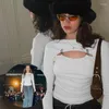 Женские футболки с сексуальными вырезанными топами с длинным рукавом с металлической пряжкой осенние женщины модные вязаные вязаные футболки Top Tope Tees y2k