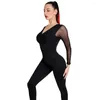 Active Shirts Gym Fitness Overall Women Sexy Mesh Patchwork Långärmning One Piece Outfit Yoga Dance Sport Full Body Jumpsuit