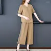 Kvinnors spårdräkter 2023 Summer Wide Leg Pants Set Cotton and Linen Top Short Sleeved Fashion Two-Piece Female Loose Loose