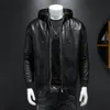 Men's Jackets High Quality Men's Leather Jackets Hoodie Thick Inner Zipper Fake Two Pieces Long Sleeve Hat Detachable Elastic Motorcycle Coat 230809