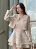 Work Dresses Autumn Winter Sweet Girls Plaid Wool 2 Piece Set Women Bow Short Jacket Coat Tweed Ruffles Spaghetti Strap Mini Dress Suit