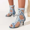 Laarzen open teen denim dames sandalen 2023 enkelband stiletto cutout zip plus maat hoge hakken sandalen casual dagelijkse vis mondschoenen j230811