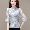 Ethnic Clothing Cheongsam Women's Plus Size Tops 2023 Summer Fashion Chiffon Jacquard Splicing Hollow Out Chinese Style Retro Qipao Shirts