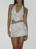 Arbetsklänningar Sexig glitter rör topp minikjolar 2 stycken set kvinnor mager sling bodycon a-line kjol kostym 2023 sommar lady beach outfits