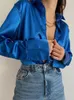 Women's Blouses Shirts Satin Long Sleeve Blouses Women Tops Vintage Blue Green Silk Shirt Casual Loose Button Up Female Shirts Fashion Tops 18913 230810