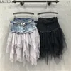 Women's Pants Capris Summer Denim Tulle Skirts Womens Asymmetrical Mesh Patchwork Pocket Empire Pleated Midi Skirt Tassel Streetwear Saia Jeans Black 230810