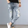 Herr jeans män gradient färg med ribbade hål smala passform multi fickor ankel längd färgfast firma sömmar länge