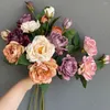 Dekorativa blommor 20 "Torkat utseende konstgjorda trädgårdar rosor 3heads rosa elfenben orange bröllop/hem dekoration vinröd lila diy blommor