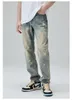 Men's Jeans High Street Ripped Unisexe Pentagram Print Mid Waist Straight Slims Automne Men Fas Casual Wasted Disted Denim Pantalon 230810