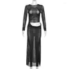 Casual Dresses Sheer Mesh Hollow Women Maxi Bodycon Dress Sensuell Sexig fullärmad mager svart Vestidos flickor nattklubb kväll