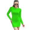 Casual Dresses Neon Green Long Sleeved Dress Women'S Fashion Print Pocket Ladies Bright